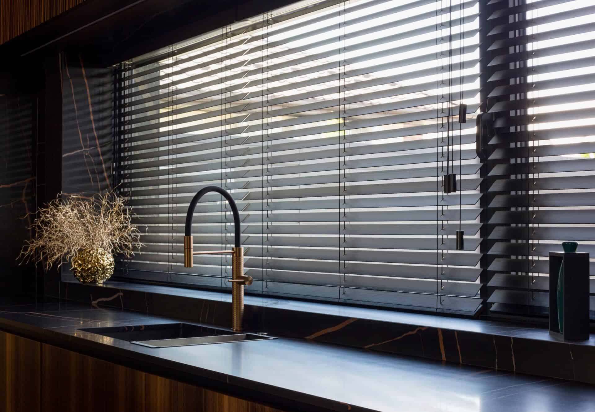luxury kitchen with new black blinds